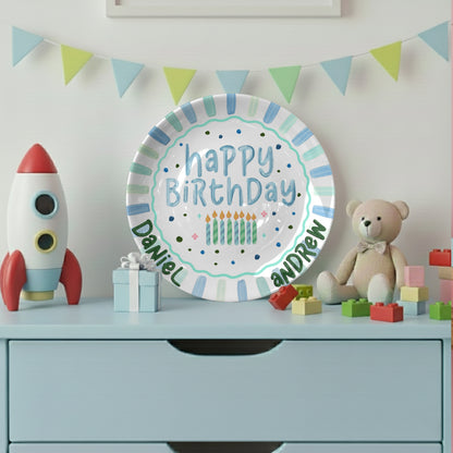 Blue Green Candles and Striped Border Personalized Birthday Plate P1024AQC0#2
