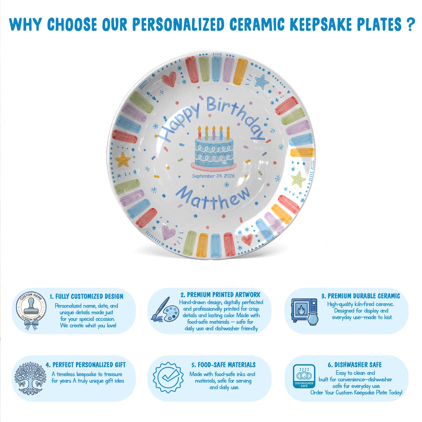 Blue Cake and Colorful Border Cake Personalized Birthday Plate P611K5R0
