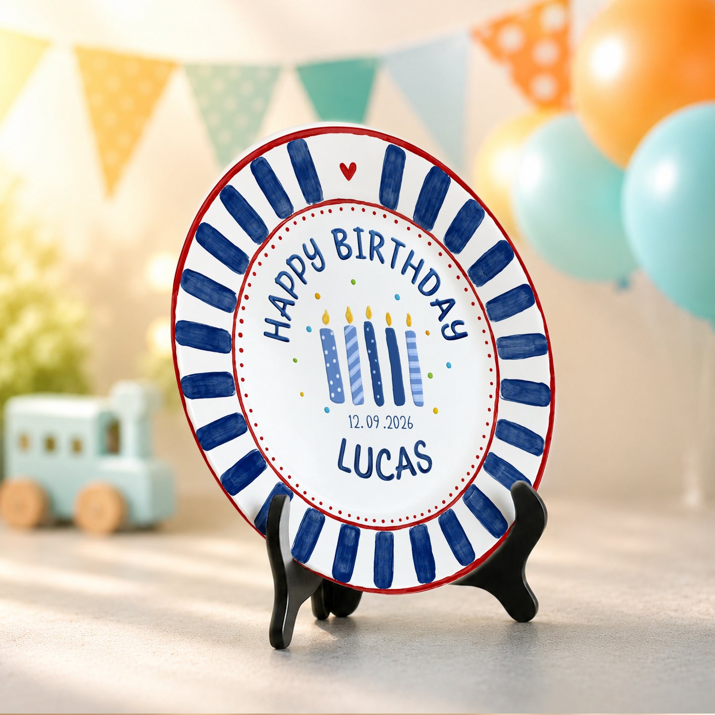 Blue Striped Birthday Candles Personalized Birthday Plate P626KF7TT