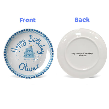 Blue Dotted Border and Cake Personalized Birthday Plate P32WRE0