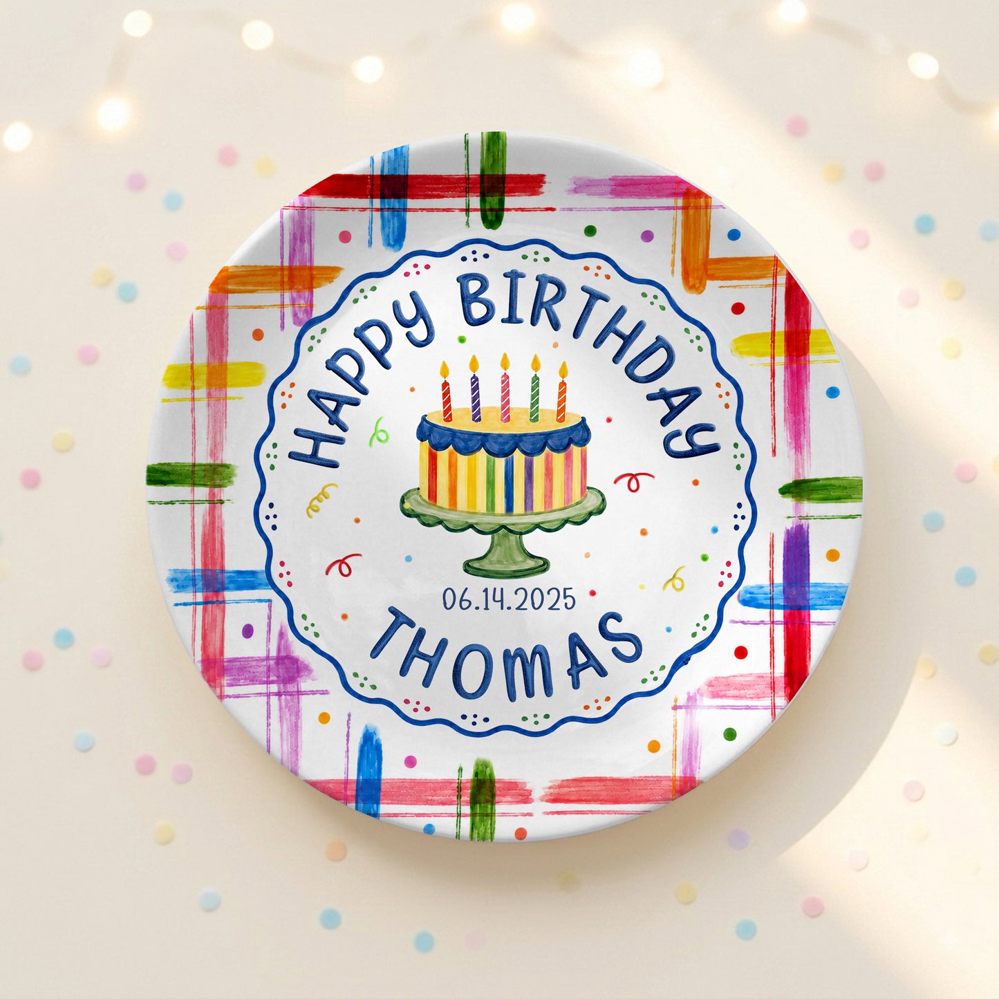 Colorful Cake Name Date Kids First Birthday Personalized Birthday Plate P815DJ50
