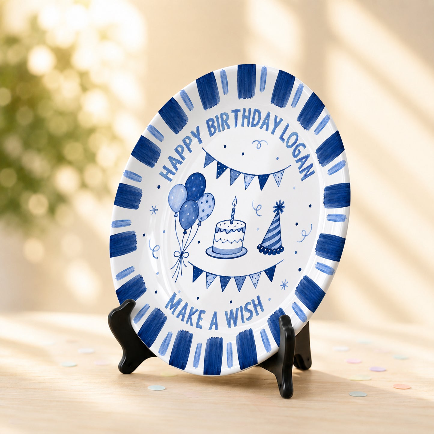 Blue Checkered Birthday Candles Personalized Birthday Plate D779CS0