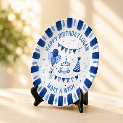 Blue Checkered Birthday Candles Personalized Birthday Plate D779CS0