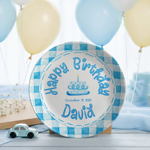 Classic Blue Gingham Personalized Birthday Plate P314ZPP0