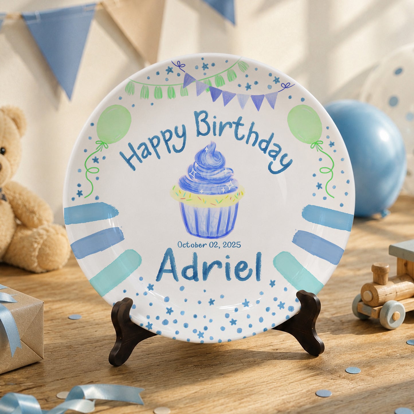 Blue Cupcake Balloon Personalized Birthday Plate P68OVE0a1