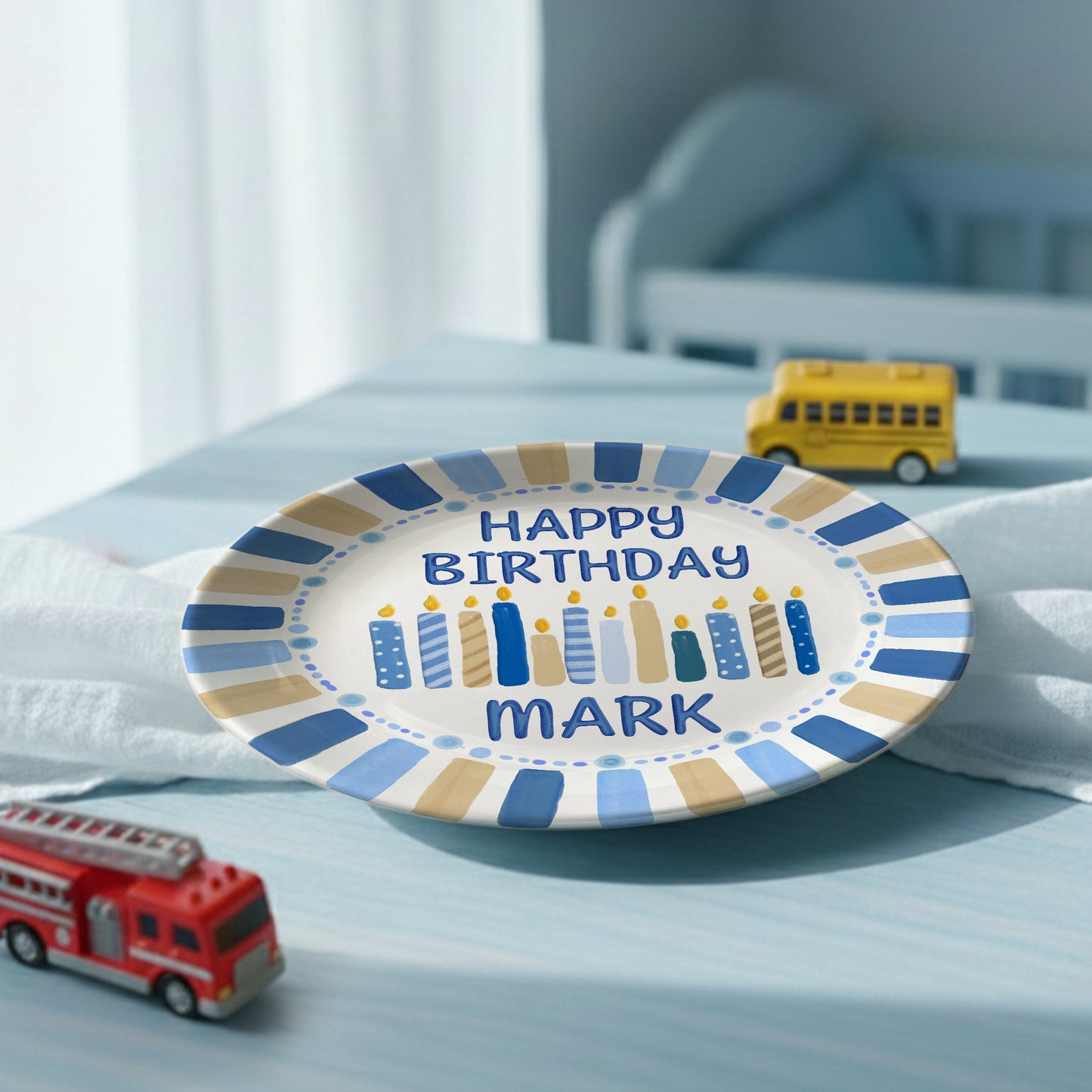 Striped Party Border with Birthday Candles Personalized Birthday Plate D321TUA0