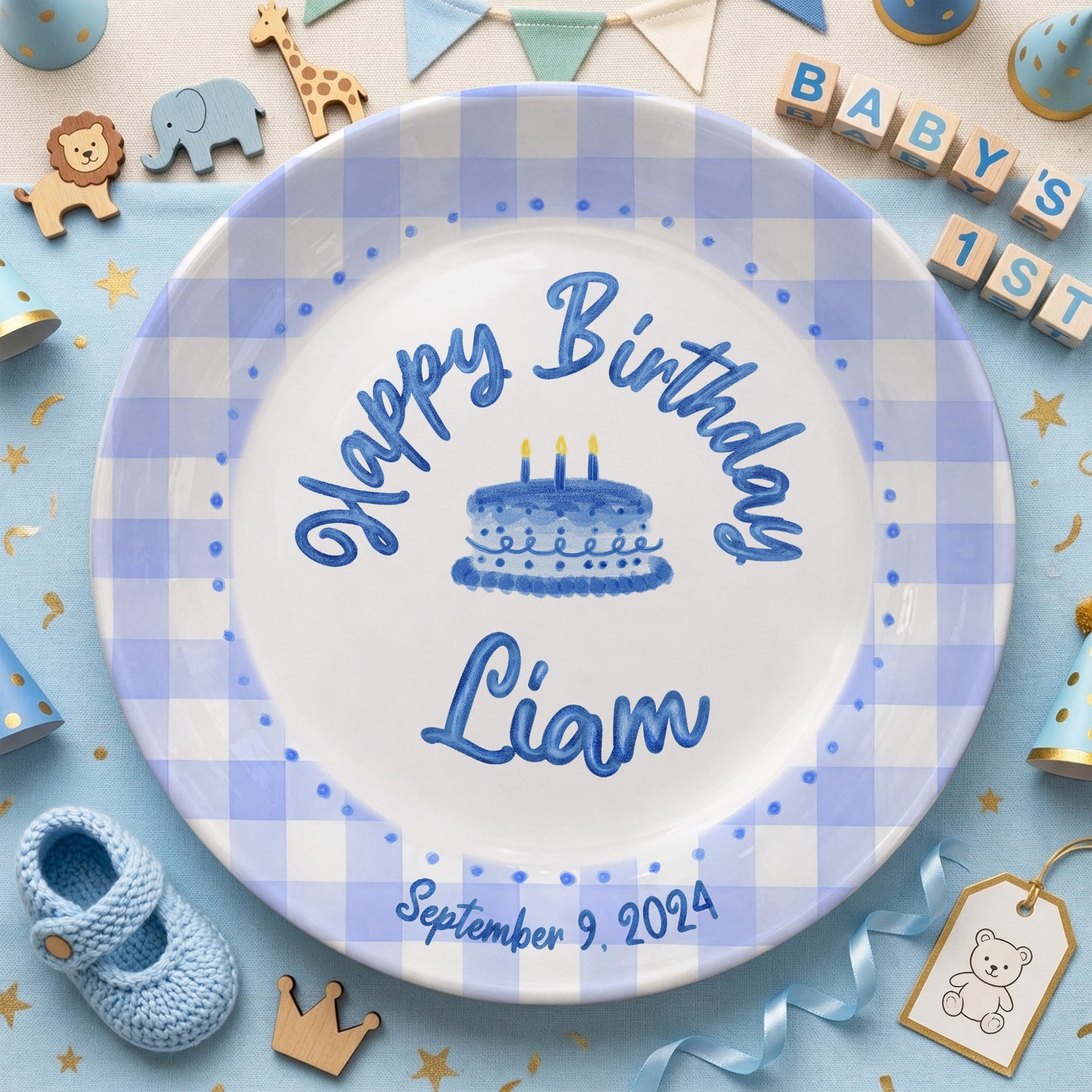 Blue Gingham Border with Blue Birthday Cake Personalized Birthday Plate P415SDU0