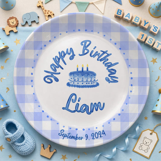 Blue Gingham Border with Blue Birthday Cake Personalized Birthday Plate P415SDU0