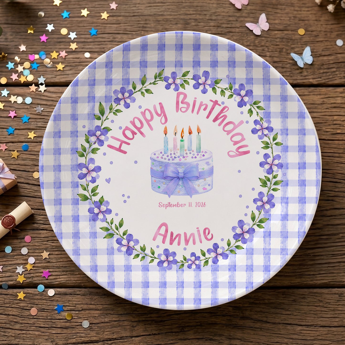 Purple Gingham Border with Floral Wreath Personalized Birthday Plate P624NIV0