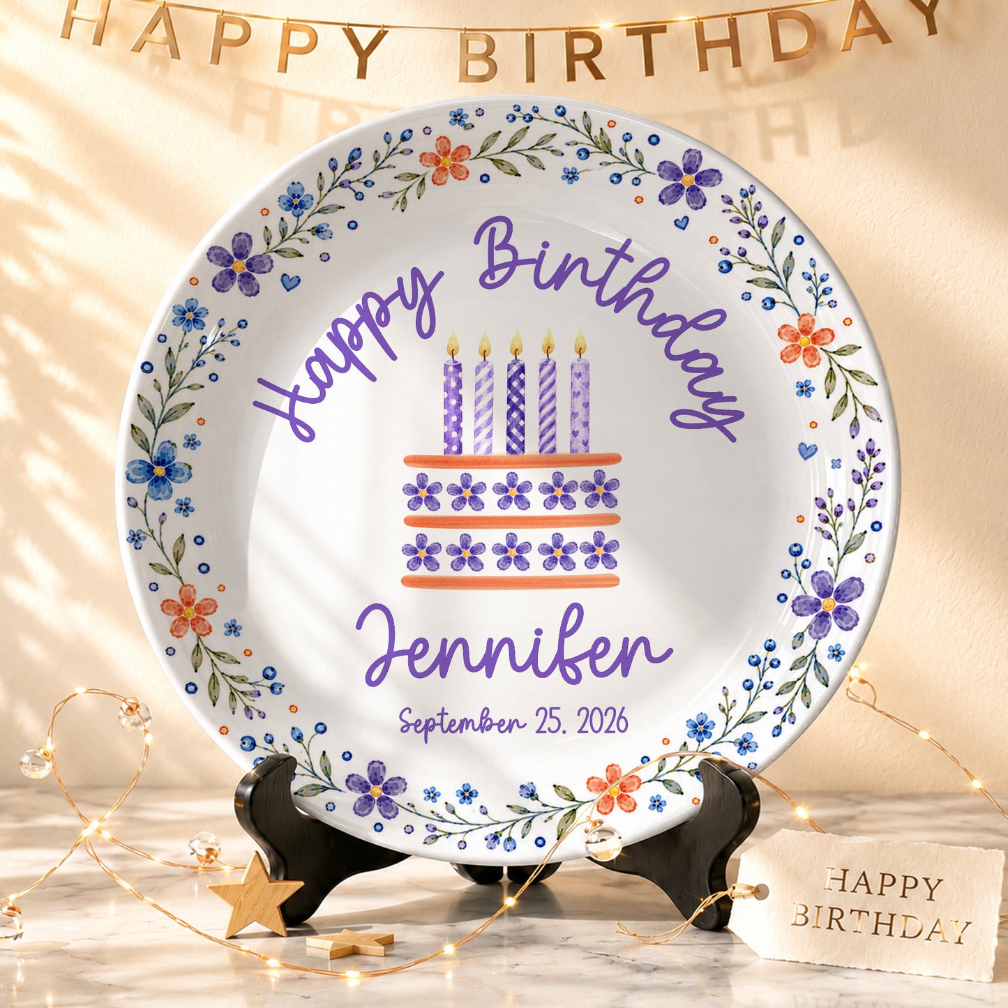 Purple Floral Personalized Birthday Plate for Girls, Custom Birthday Keepsake Gift P723G7E0