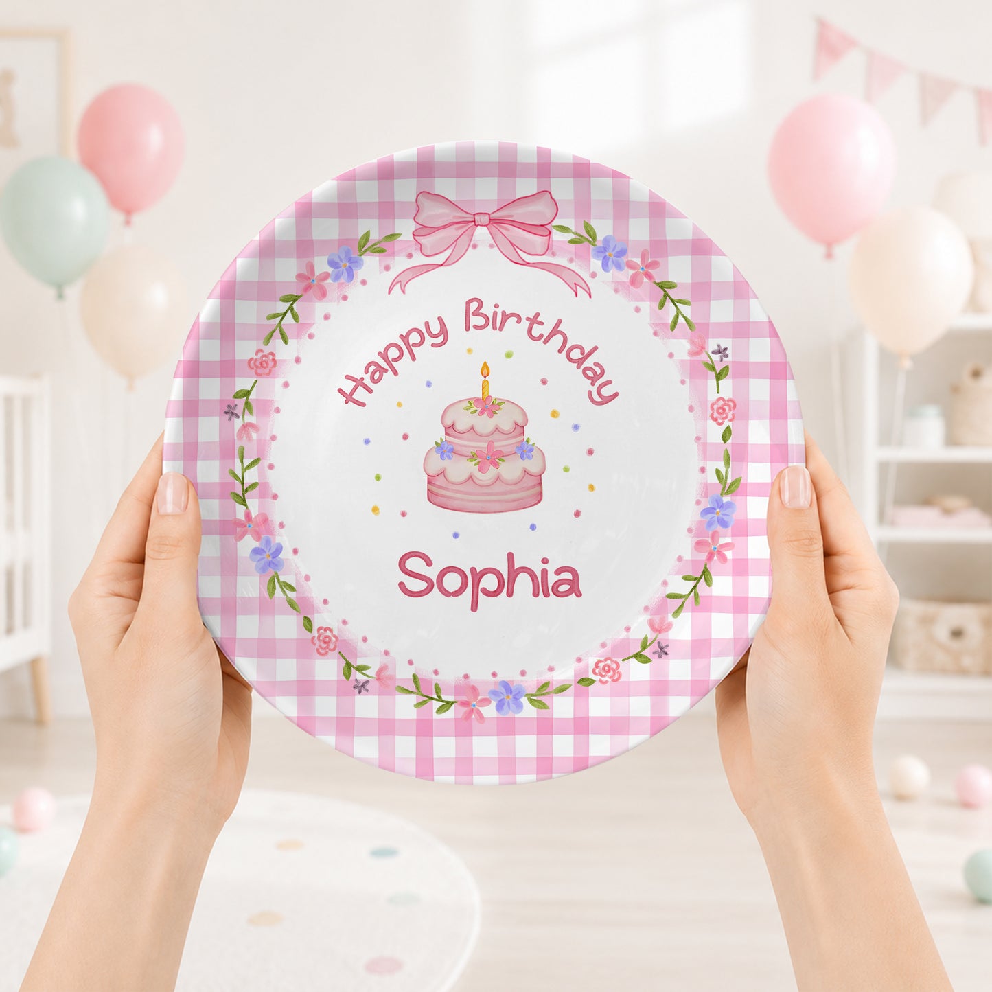 Pink Gingham Floral Personalized Birthday Plate P61O7V0