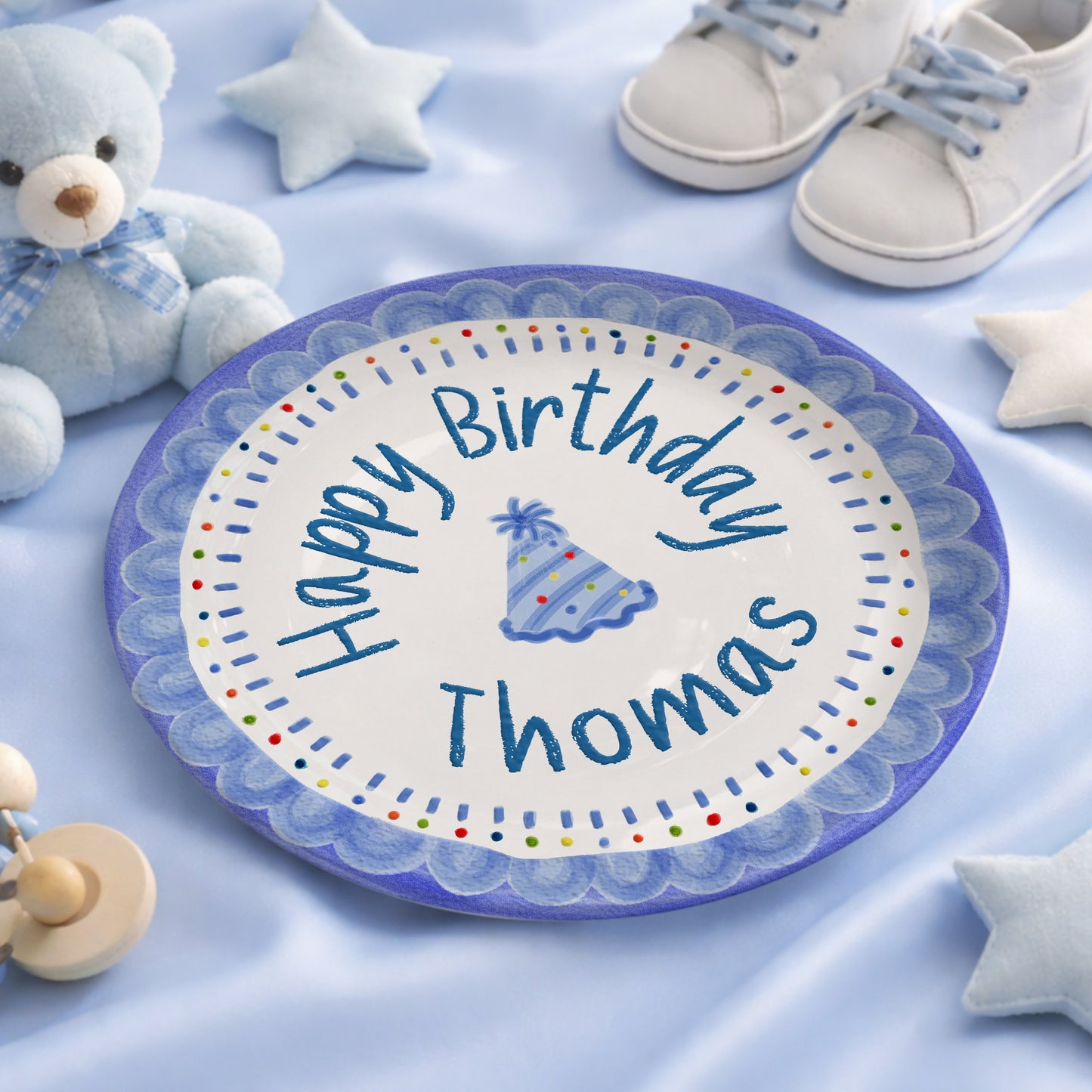 Blue Crayon Scallop Border with Party Hat Personalized Birthday Plate P511RLQ0