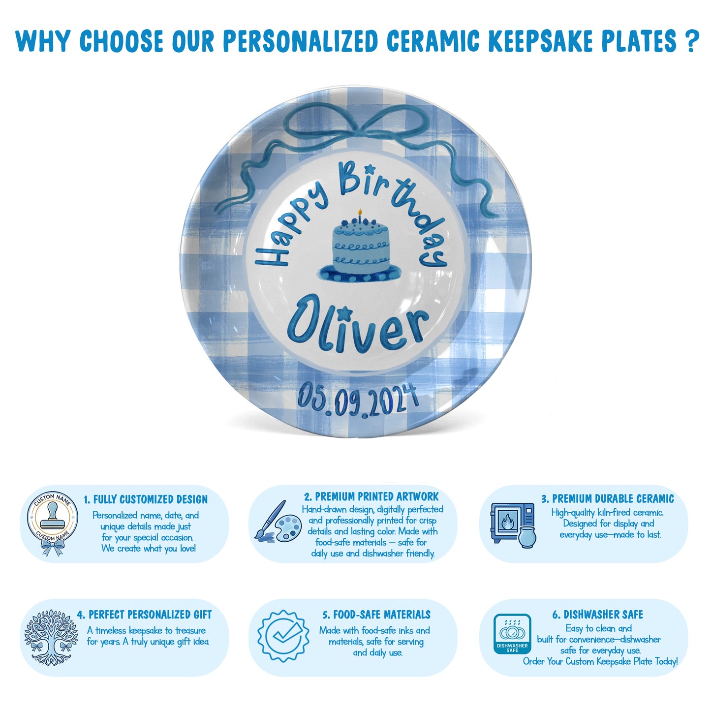 Blue Gingham Bow Personalized Birthday Plate P41V3P0