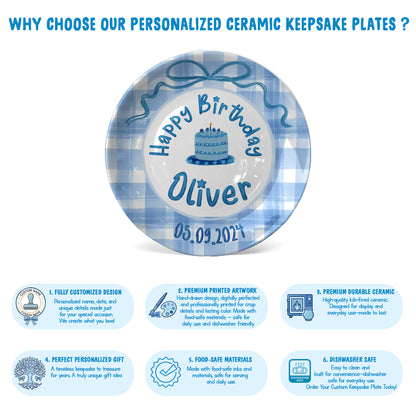 Blue Gingham Bow Personalized Birthday Plate P41V3P0