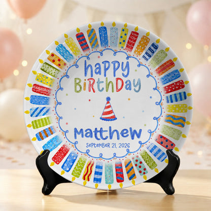 Colorful Candle Celebration Custom Name Ceramic Keepsake Personalized Birthday Plate P82509W0