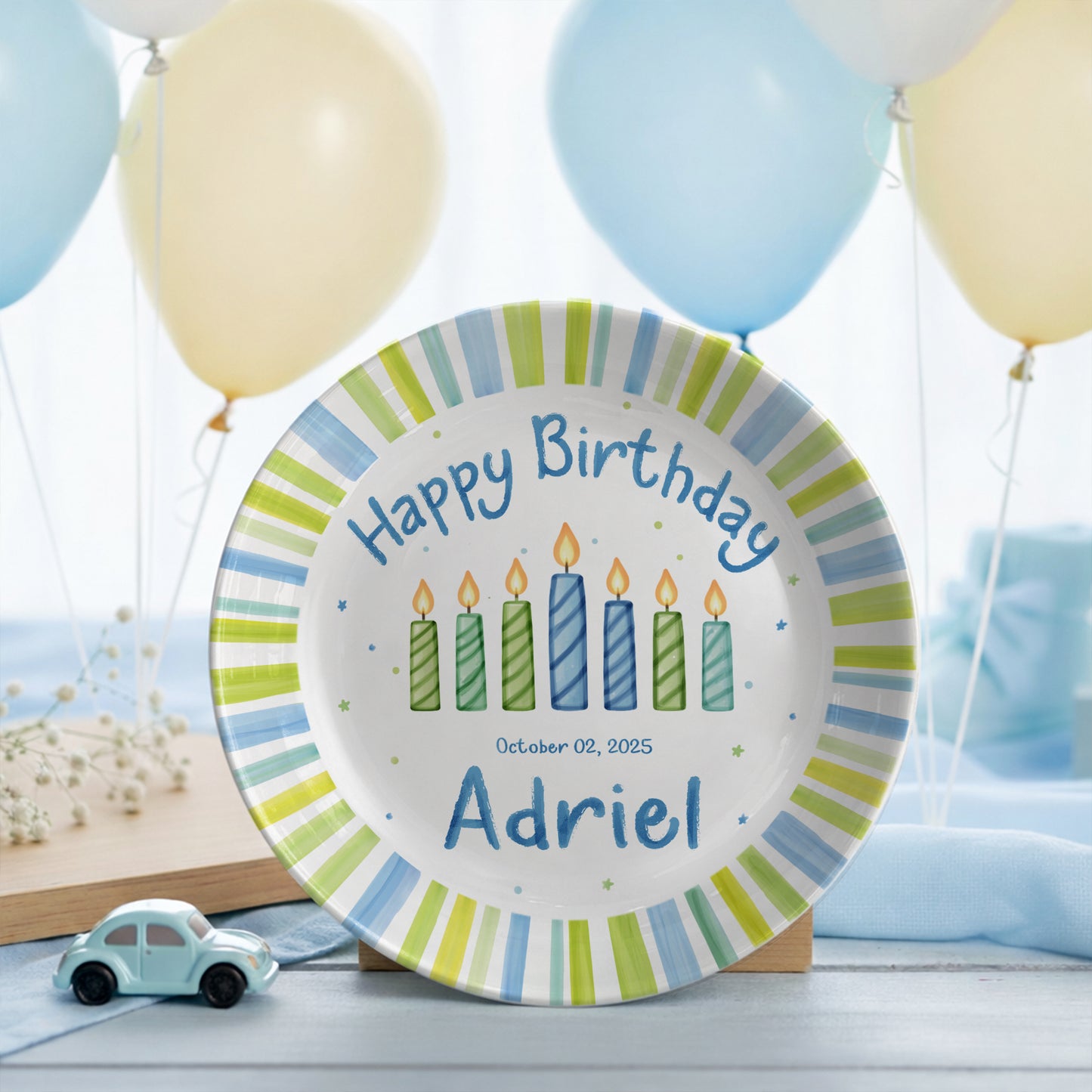 Blue Green Stripe Candle Personalized Birthday Plate for Kids D321PXW0
