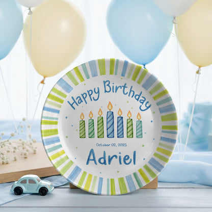 Blue Green Stripe Candle Personalized Birthday Plate for Kids D321PXW0