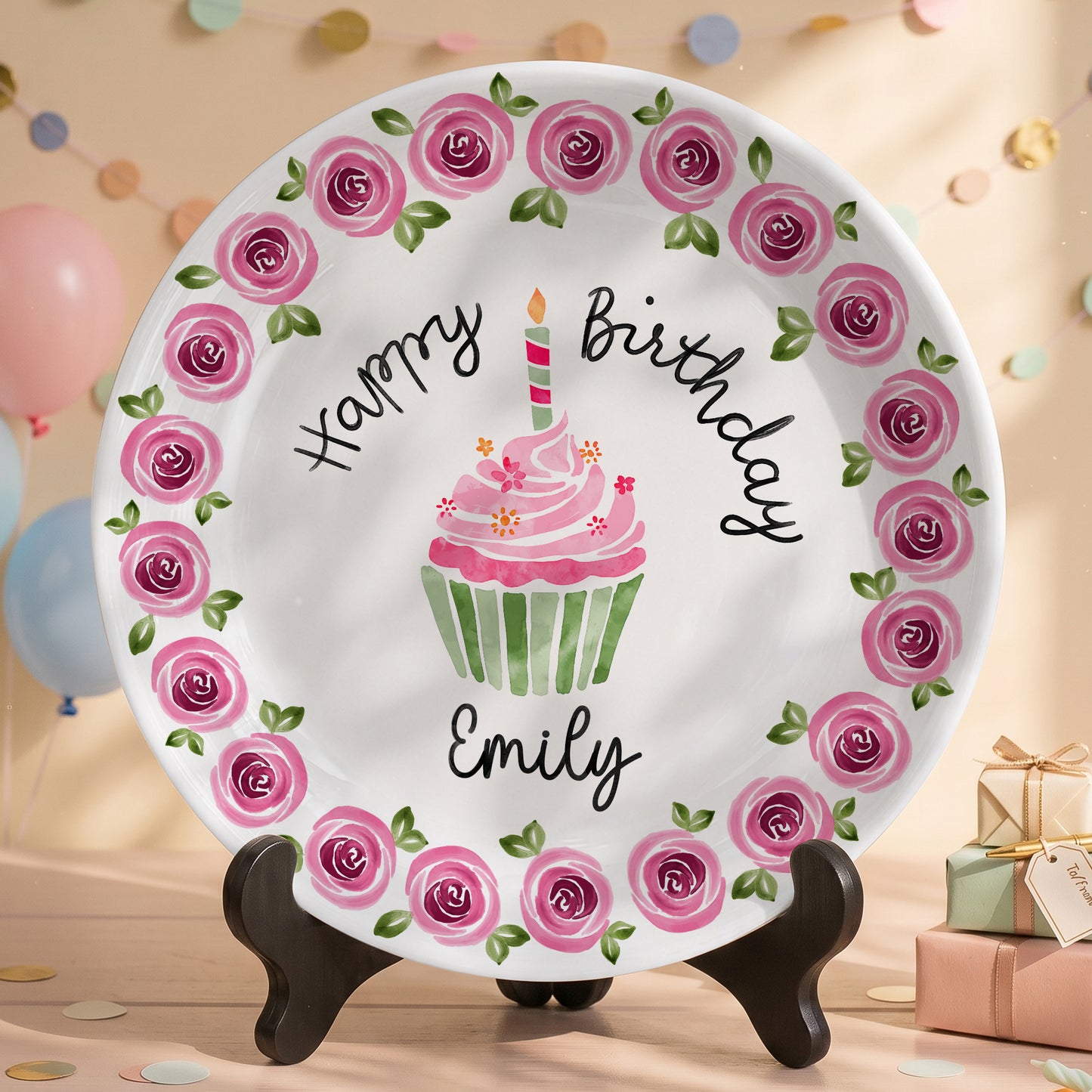 Pink Rose Cupcake Birthday Keepsake Personalized Birthday Plate P626IC7TT