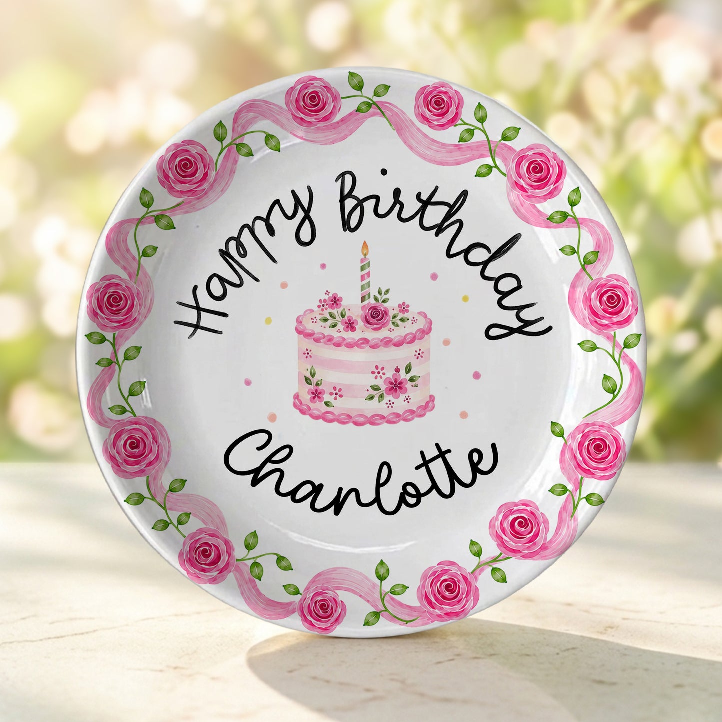 Pink Rose Cake Personalized Birthday Plate P729XQR0