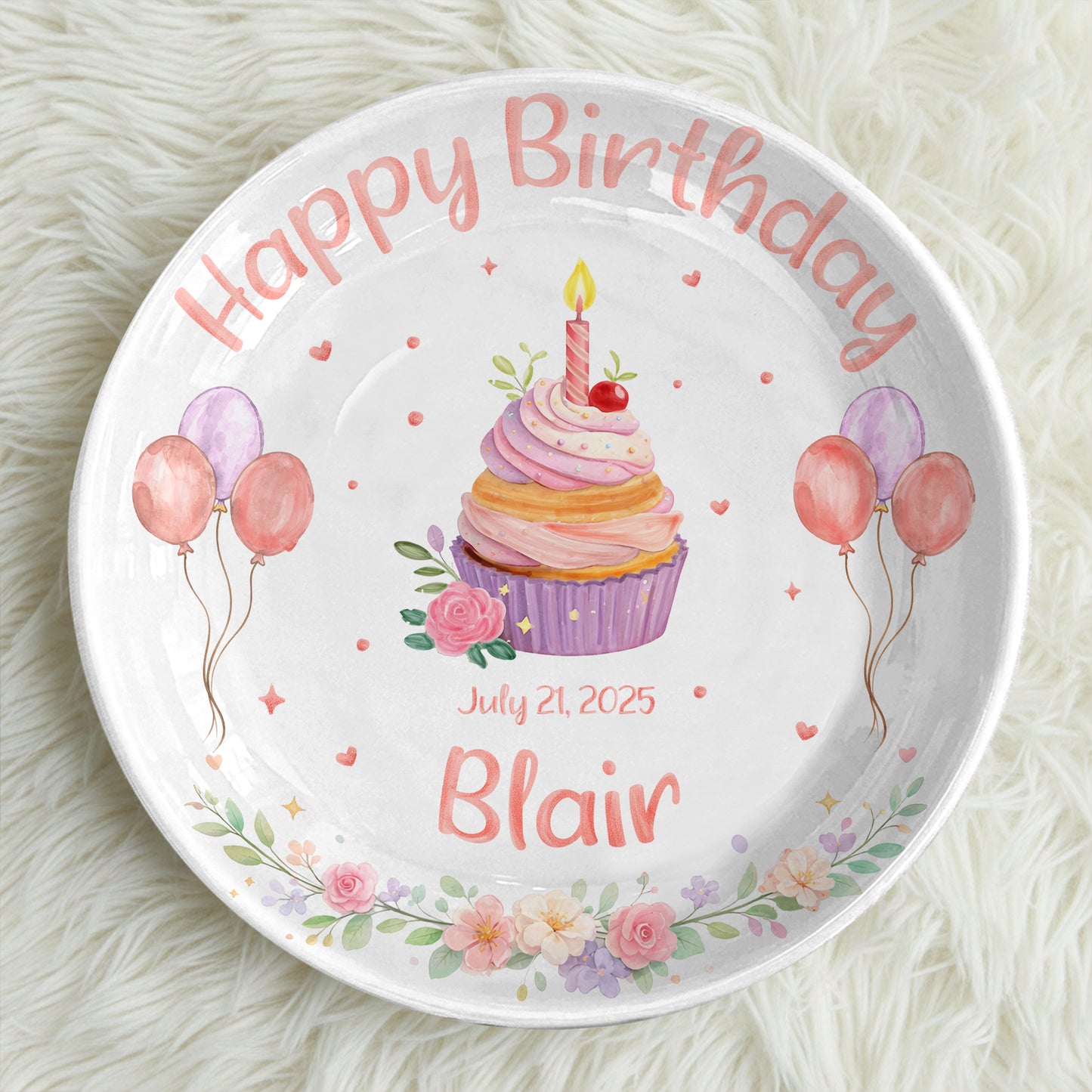 Cupcake with Balloons and Floral Personalized Birthday Plate D319DJS0