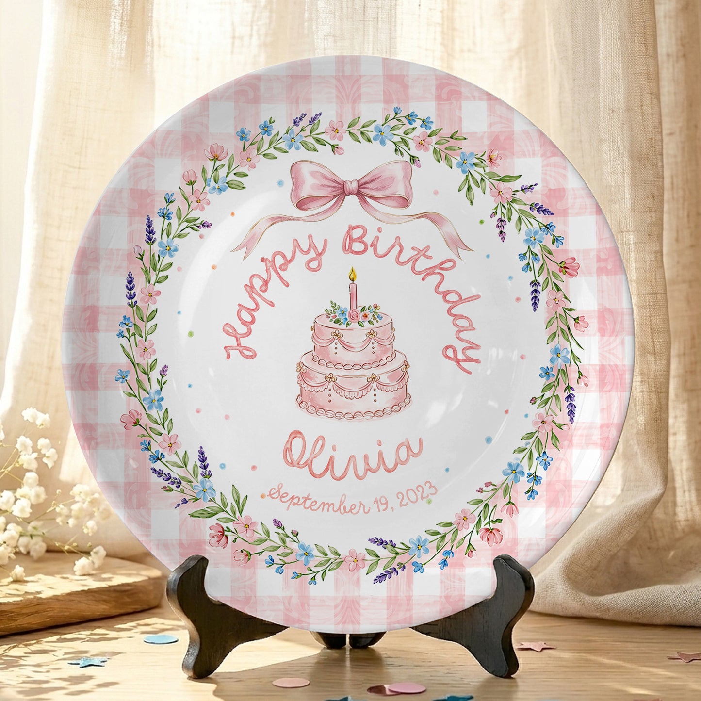 Pink Gingham Bow Cake Personalized Birthday Plate P423V6P0