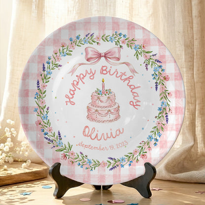 Pink Gingham Bow Cake Personalized Birthday Plate P423V6P0