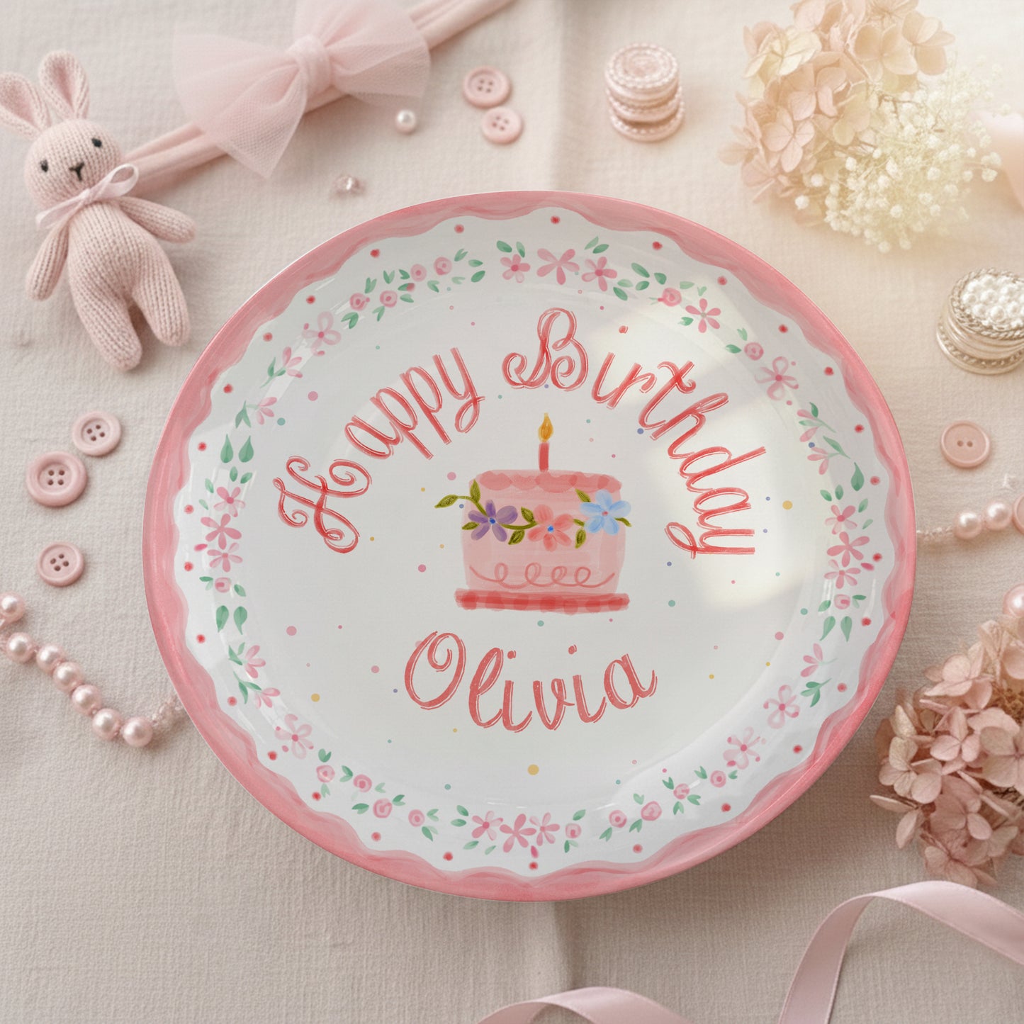 Pink Floral Cake Personalized Birthday Plate P228SJH0