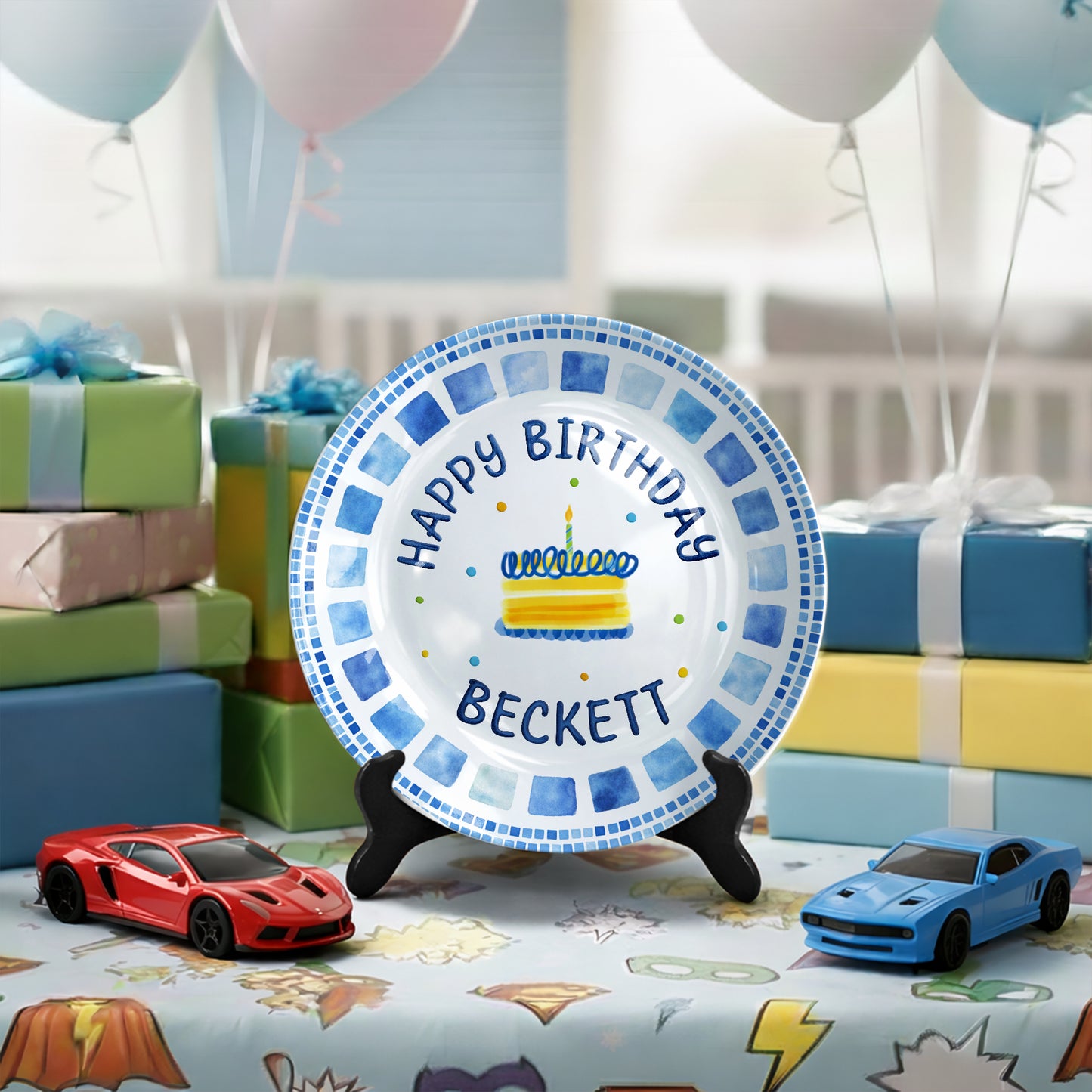 Blue Tile Border Cake Personalized Birthday Plate P228QZD0