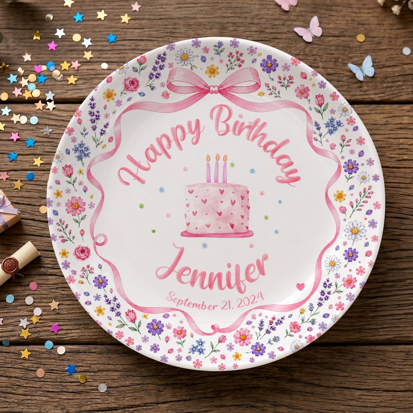Pink Bow Floral Cake Personalized Birthday Plate P624WCW0