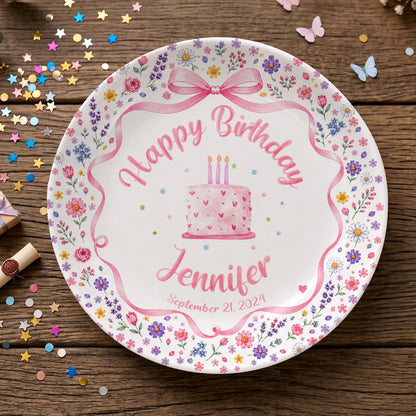 Pink Bow Floral Cake Personalized Birthday Plate P624WCW0