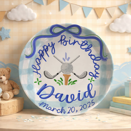 Blue Golf Bow Personalized Birthday Plate for Boys P511RLD0