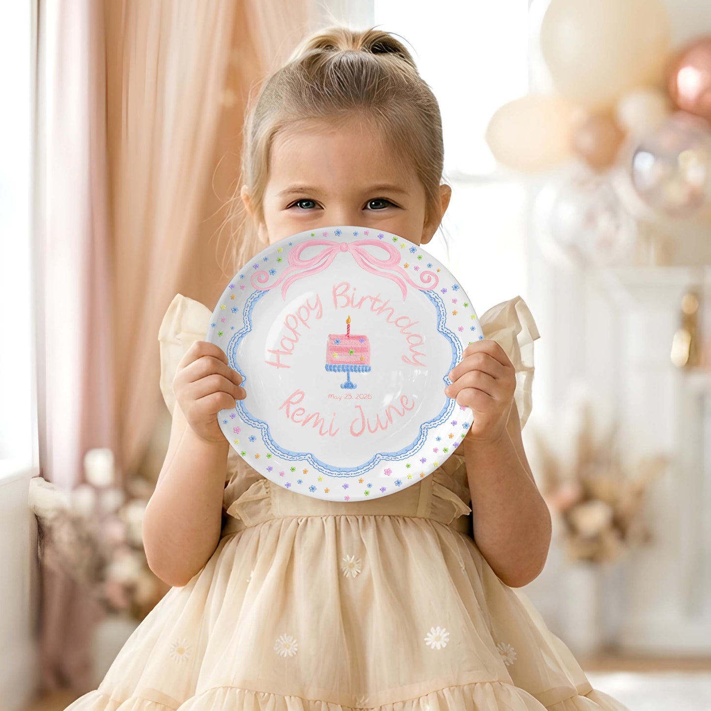 Pink Bow with Tiny Flower Border Personalized Birthday Plate P41A4U0