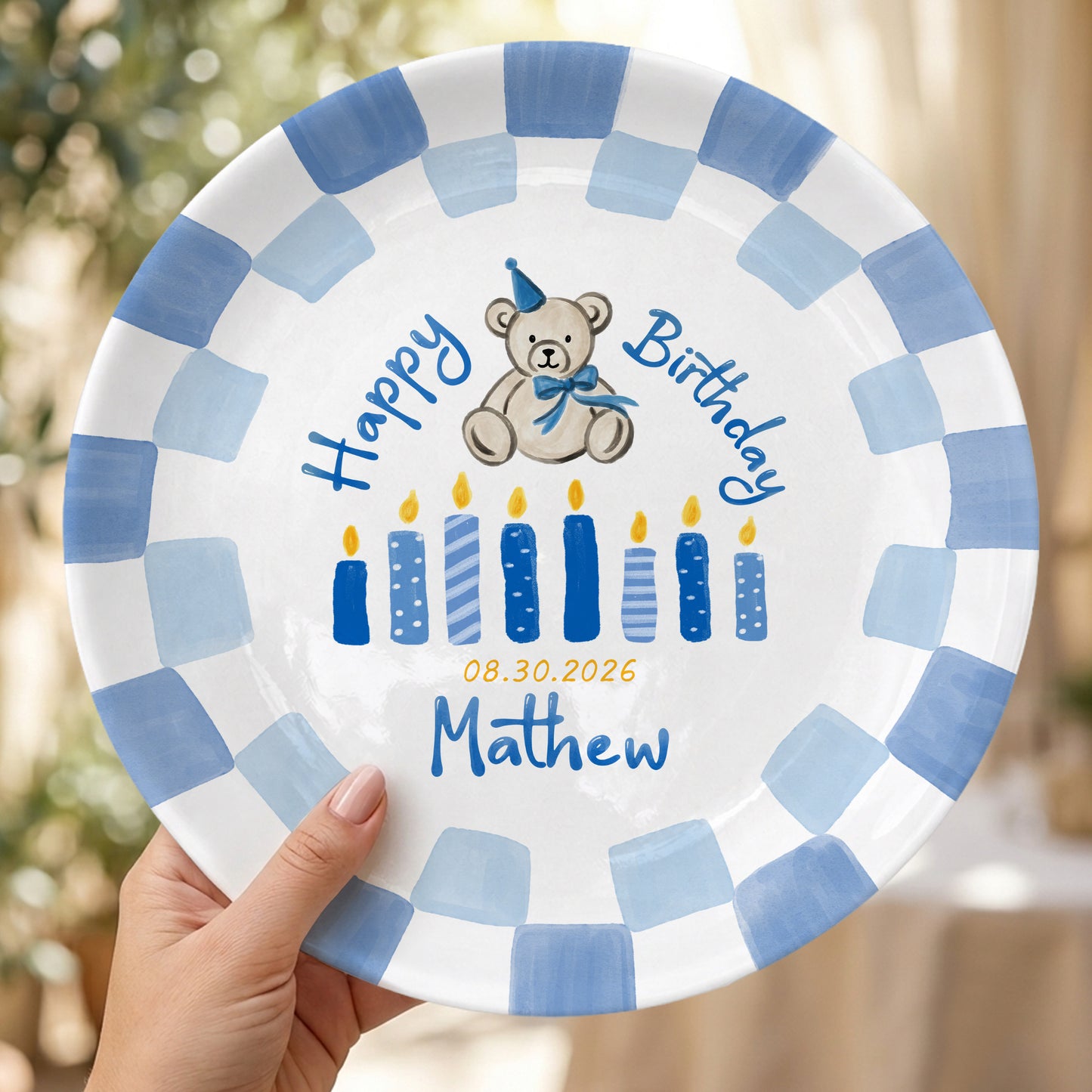 Blue Teddy Bear Birthday Cake Keepsake Personalized Birthday Plate For Kids Gift P713IUP0
