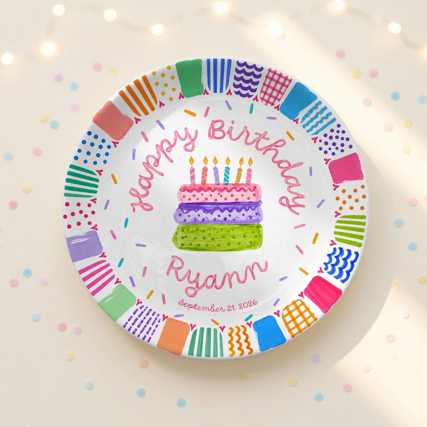 Colorful Happy Birthday Cake Keepsake Custom Name Personalized Birthday Plate P821LW10