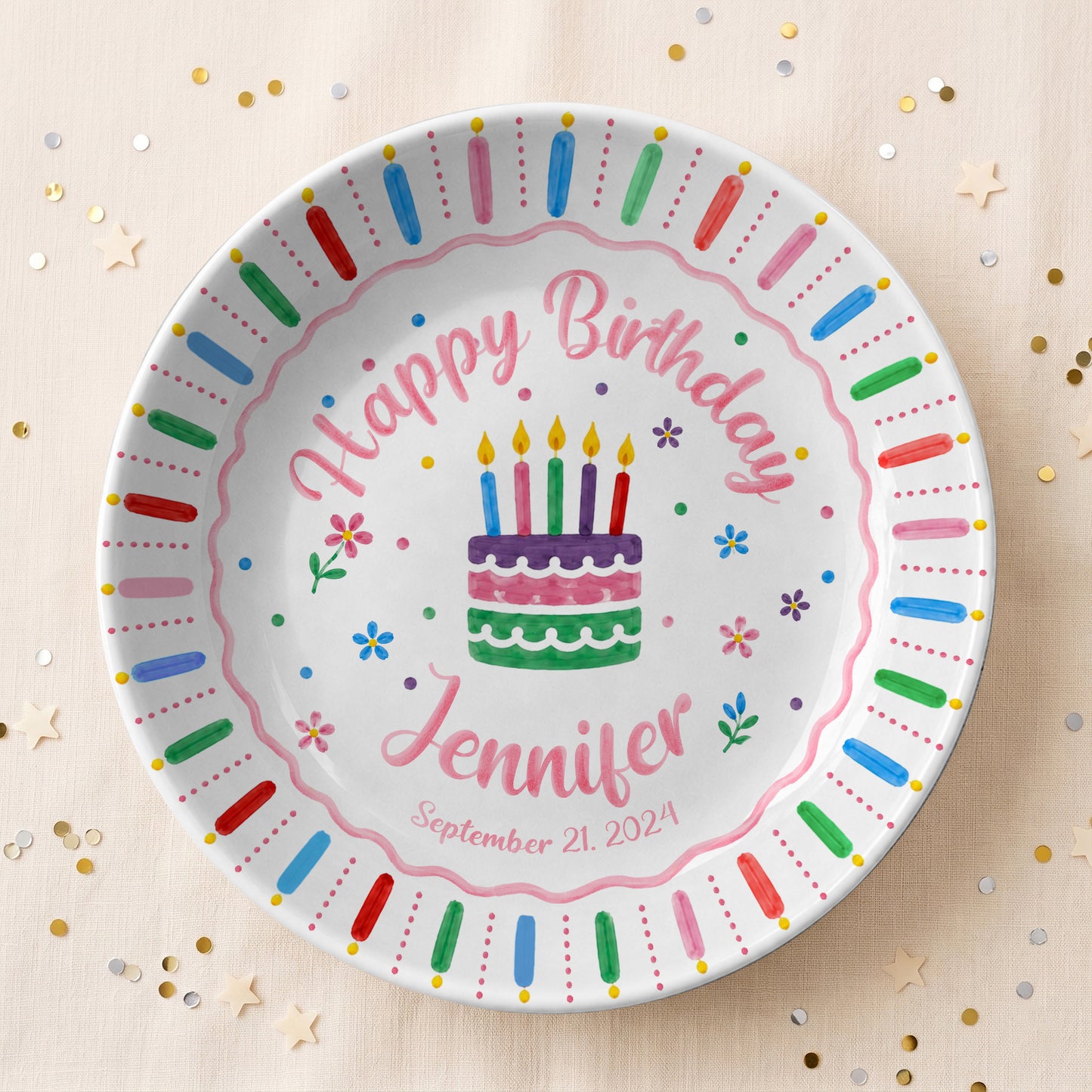 Colorful Birthday Cake Keepsake Personalized Birthday Plate for Kids D6250W50