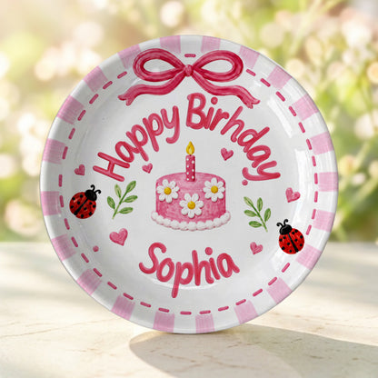 Pink Gingham Ladybug Keepsake Personalized Birthday Plate P7184FK0