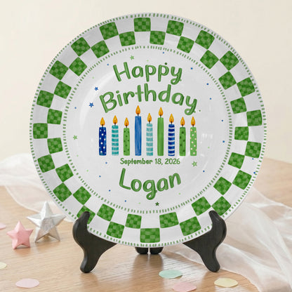 Green Checker Birthday Candles Keepsake Personalized Birthday Plate D78C8H0