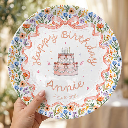 Floral Bow Birthday Cake Personalized Birthday Plate for Kids Keepsake P86TSJ0