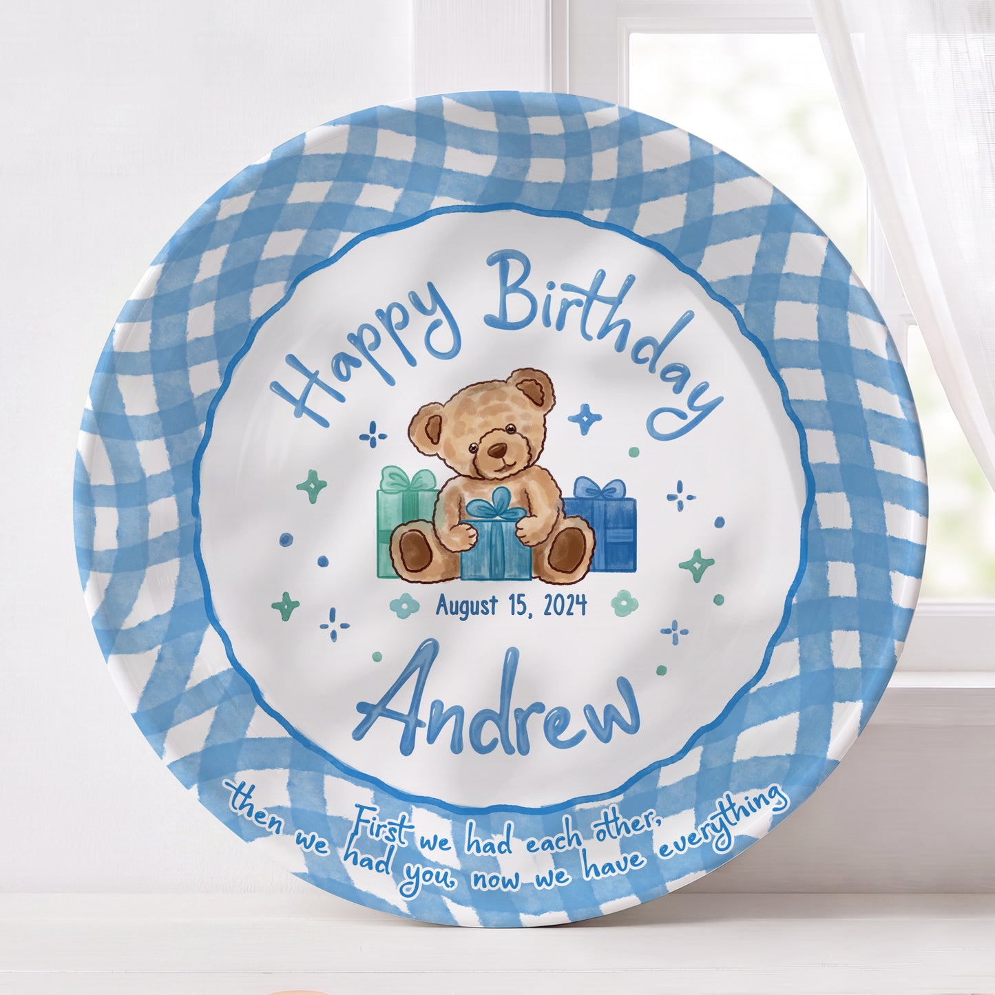 Blue Teddy Bear Birthday Keepsake Personalized Birthday Plate for Baby Boy P625FJ00