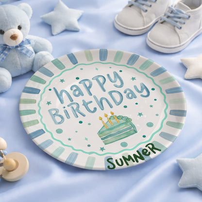 Blue and Mint Striped Border with Teal Cake Slice Personalized Birthday Plate D43D5V0