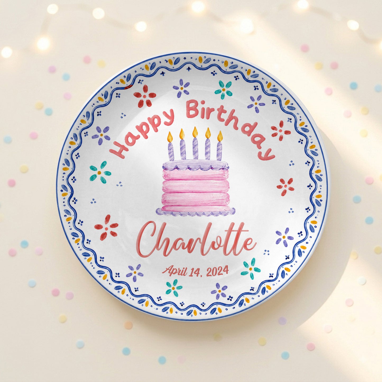 Colorful Floral Cake Design Personalized Birthday Plate for Little Girls P814DYI0