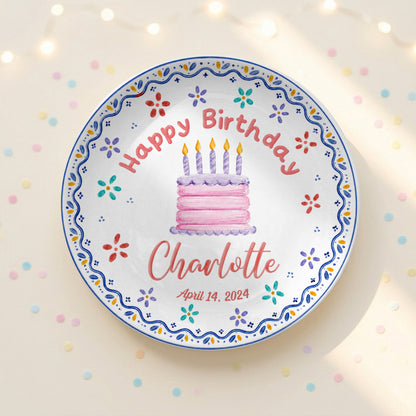 Colorful Floral Cake Design Personalized Birthday Plate for Little Girls P814DYI0