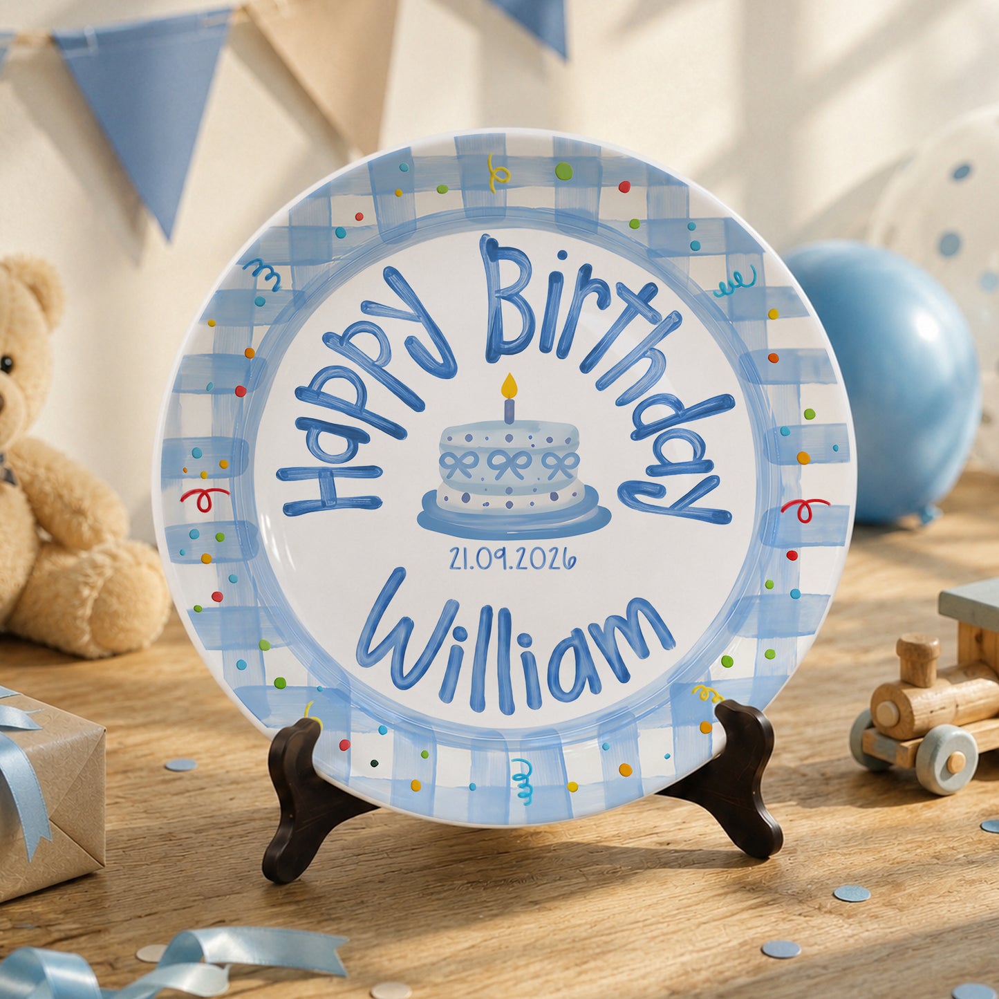 Blue Gingham Personalized Birthday Plate P64YCX0