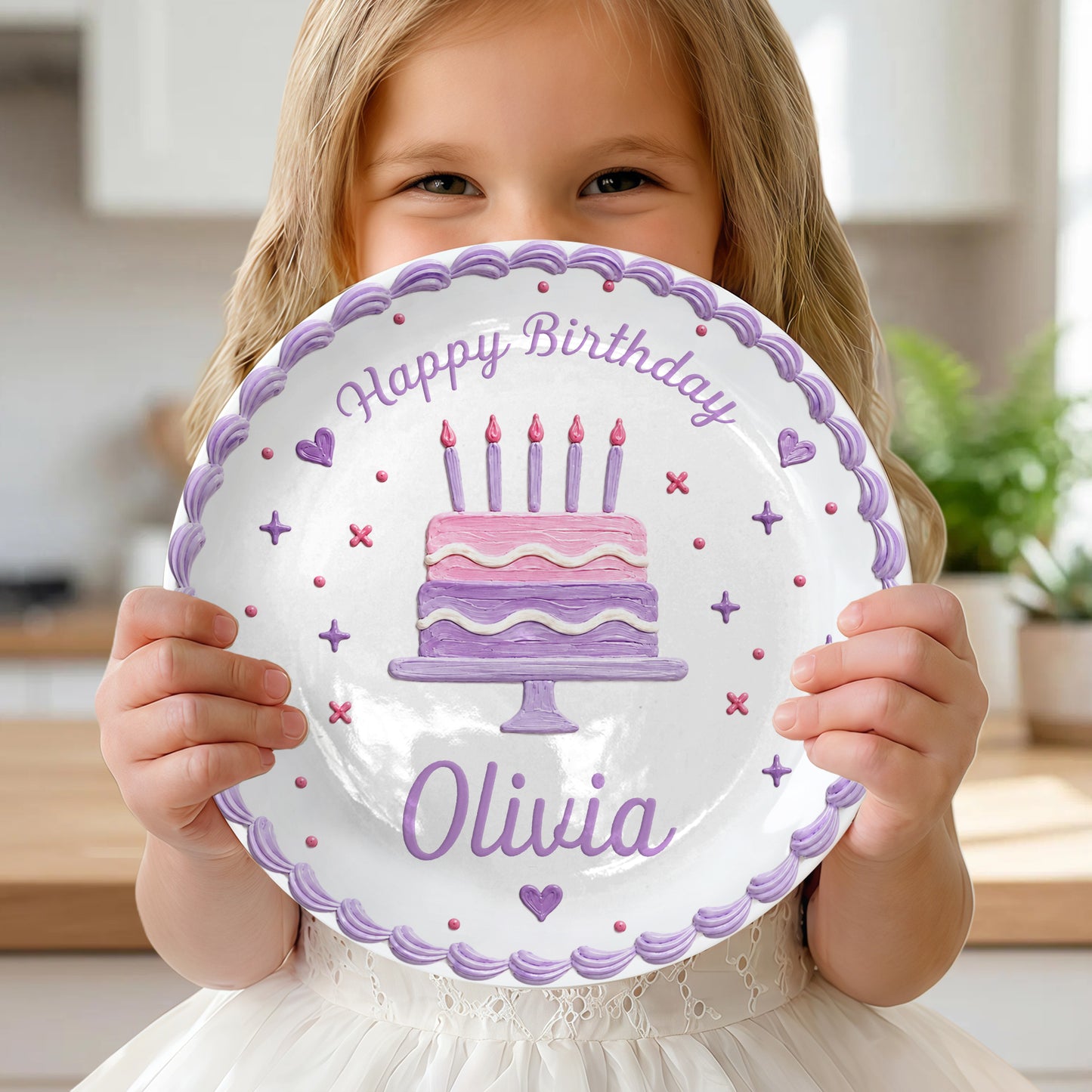 Lavender Scallop Cake Personalized Birthday Plate for Girls P327AW10