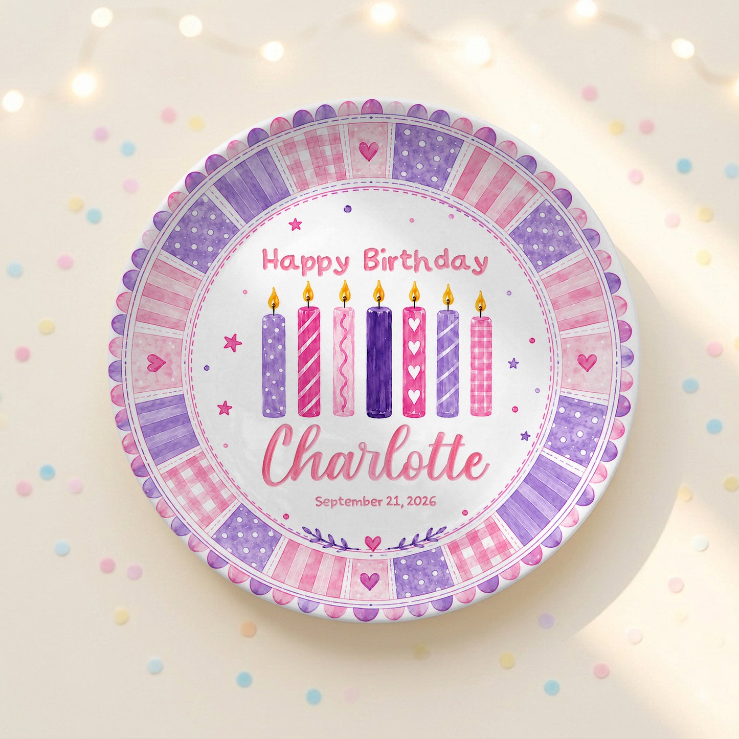 Pink Purple Candle Girl First Birthday Keepsake Personalized Birthday Plate P815CM10