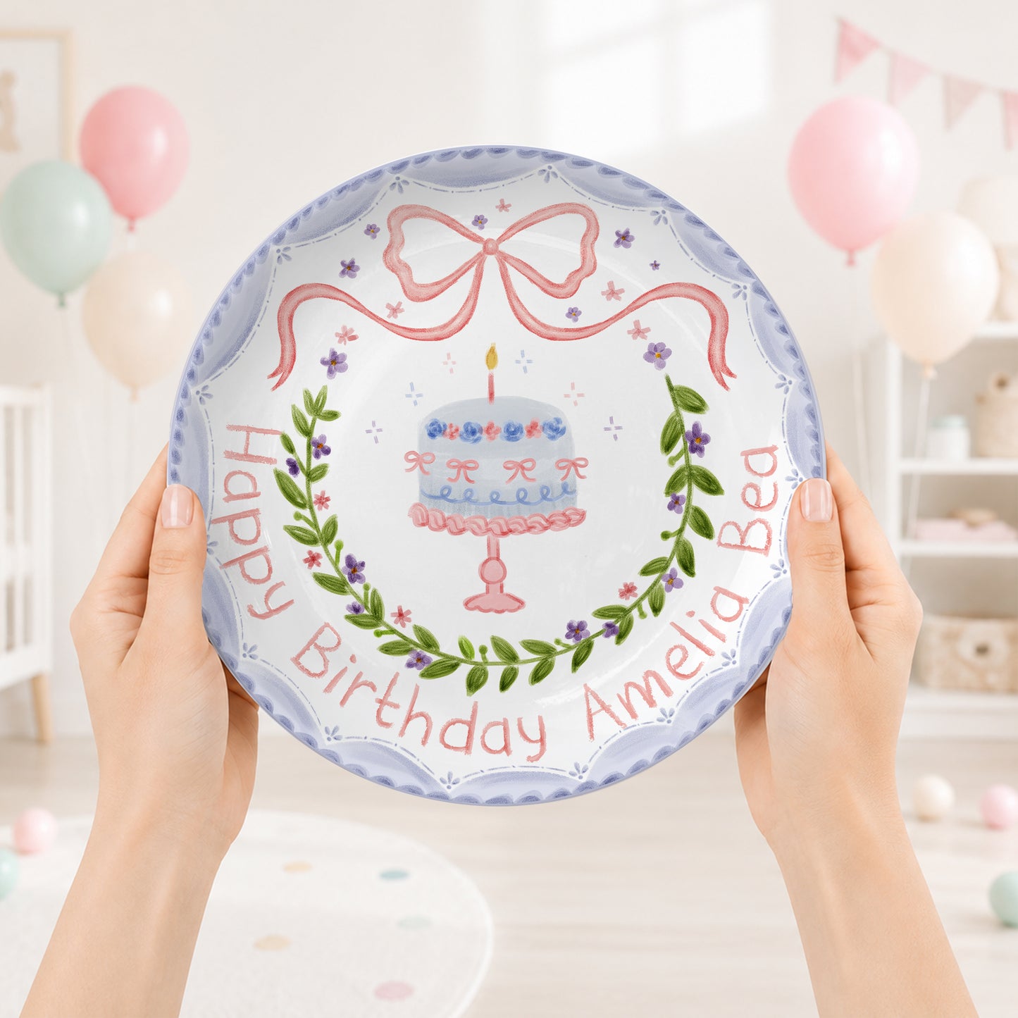 Pink Bow and Lavender Floral Wreath Cake Stand Personalized Birthday Plate P62GQC0