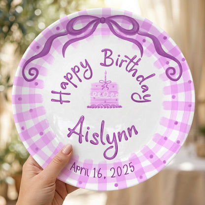 Pink Gingham Bow Personalized Birthday Plate for Kids, Custom Name and Date Ceramic Keepsake P85LHL0