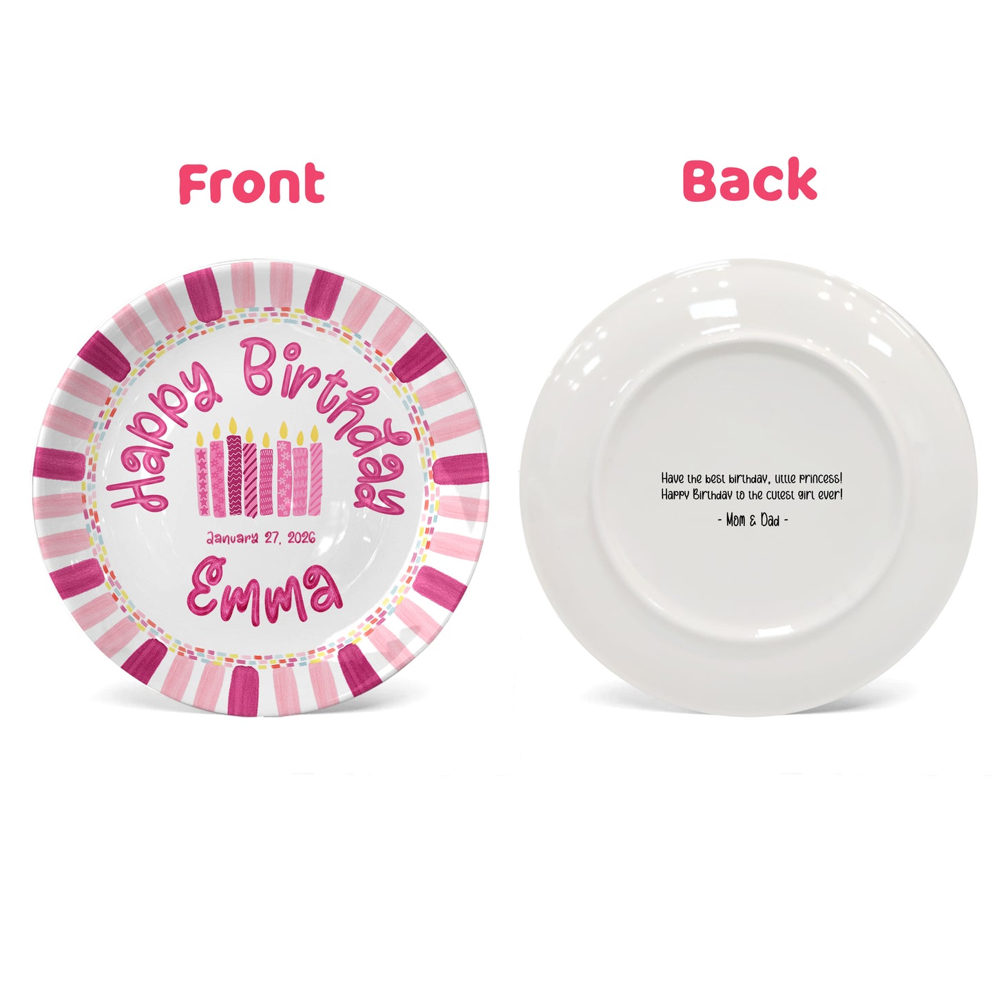 Pink Stripe Candle Personalized Birthday Plate P29F6C0