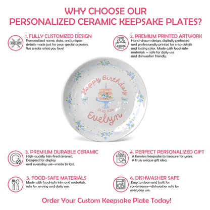 Blue Floral Border with Cake Stand Birthday Cake Personalized Birthday Plate P41CO80