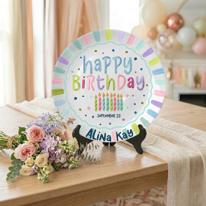 Colorful Candles and Stripes Personalized Birthday Plate D43RCW0a1